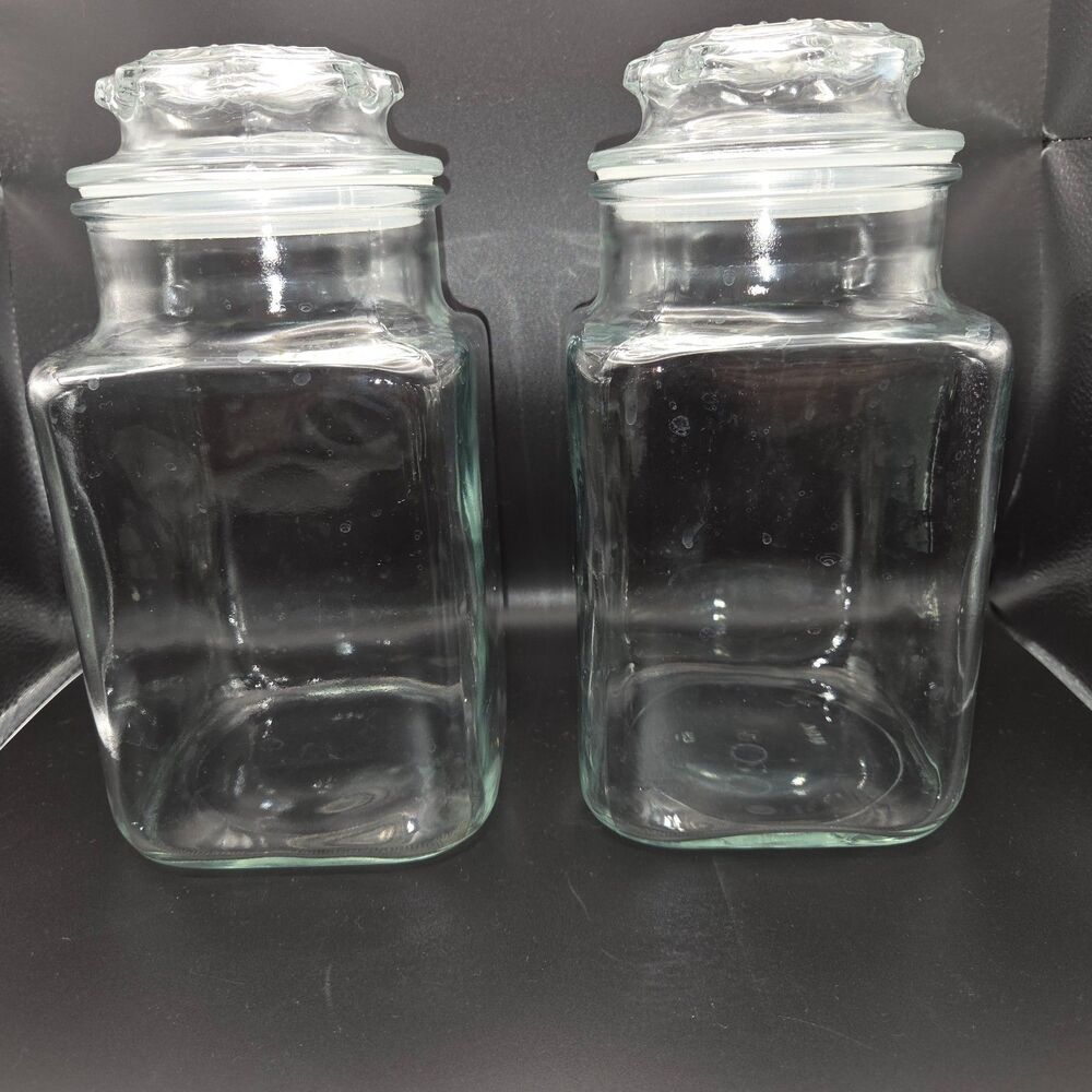 Vintage Pair Anchor Hocking Square Apothecary Glass Canisters Starburst Lids